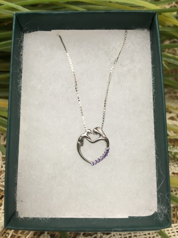 Birthstone Heart Necklace - B - February - Mother and Child Sterling Silver Pendant with Cubic Zirconian Stones and 18 inch chain