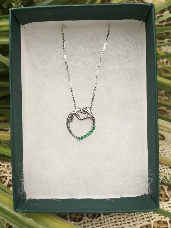 Birthstone Heart Necklace - E - May - Mother and Child Sterling Silver Pendant with Cubic Zirconian Stones and 18 inch chain