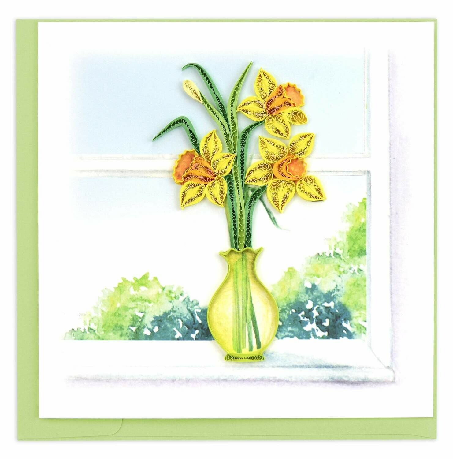 Quilling Card - Daffodil Vase - Handcrafted - Blank inside