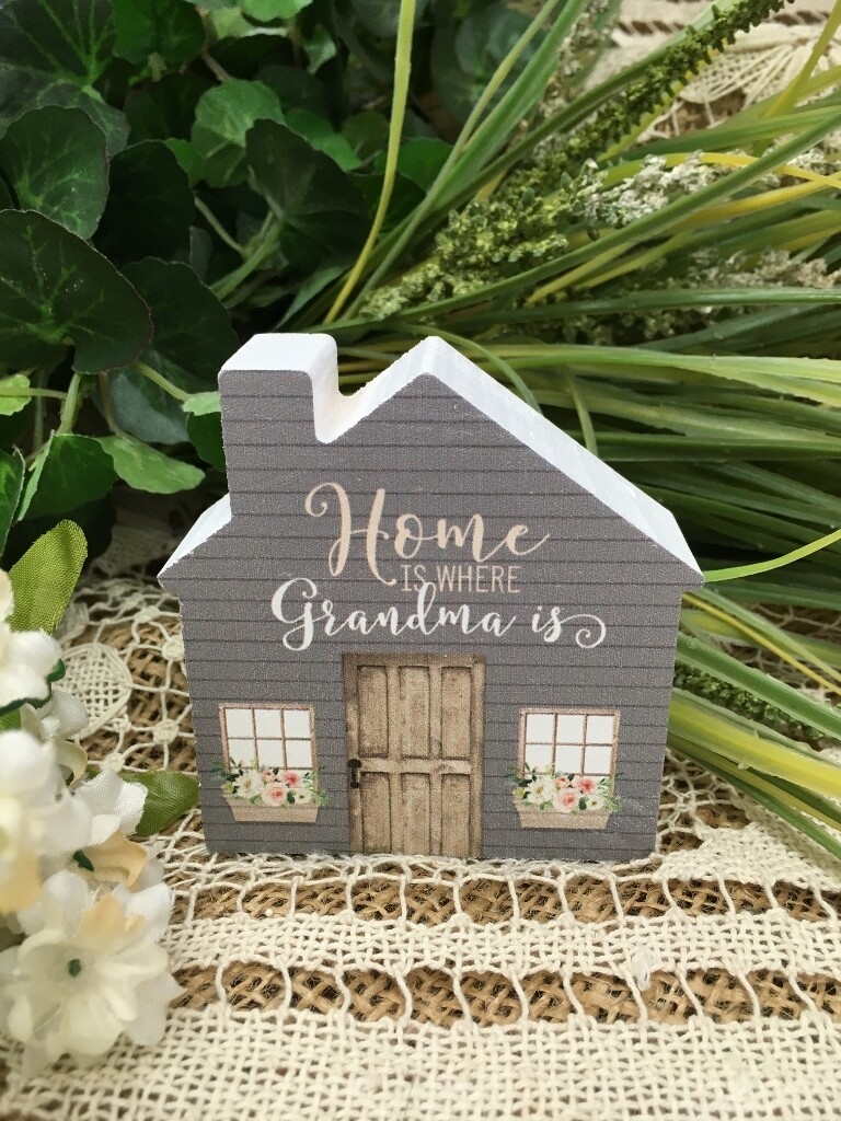 Wood Word Block Sign  - Small House Shaped - Home is where Grandma is - 3x3 inches - P.G. Dunn