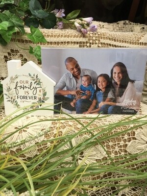 Frame with House Wood Word Block - Our Family is Forever - 4 x 6 frame, 3 x3 inch block - P.G. Dunn