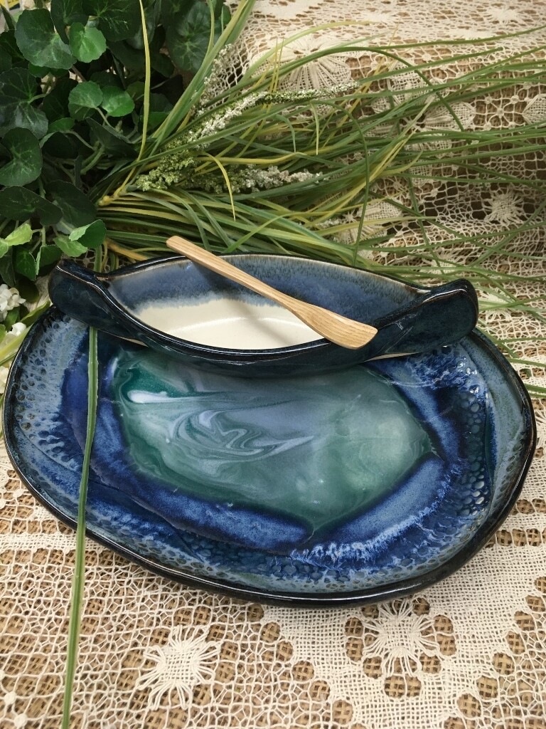 Canoe on a Lake with paddle, Blue Water Glaze - Pavlo Pottery - Canadian Handmade