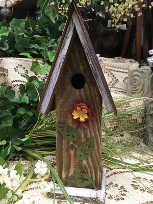 Birdhouse - Red Flower - 11 x 3.5 inches - Wood with Metal Roof and Flower