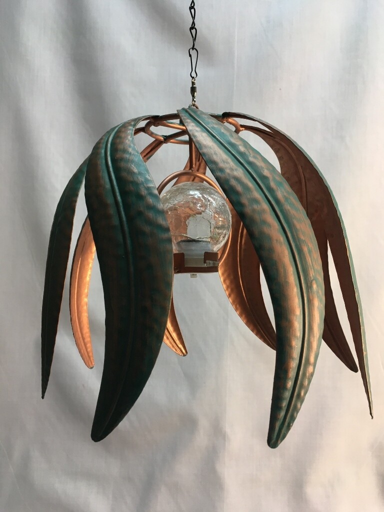 Wind Spinner - Solar Patina Flame - Hanging - 8 x 10 inches - clear crackle glass ball solar light