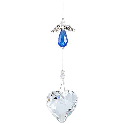 Guardian Angel Heart - Blue Angel with Clear Crystal Heart - Crystal Suncatcher - Canadian Handmade Rainbow Maker