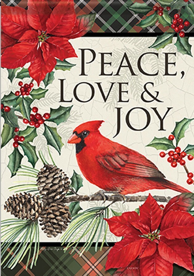 Peace Love and Joy - Cardinals and Pointsettias - Garden Flag - 12.5 " x 18"