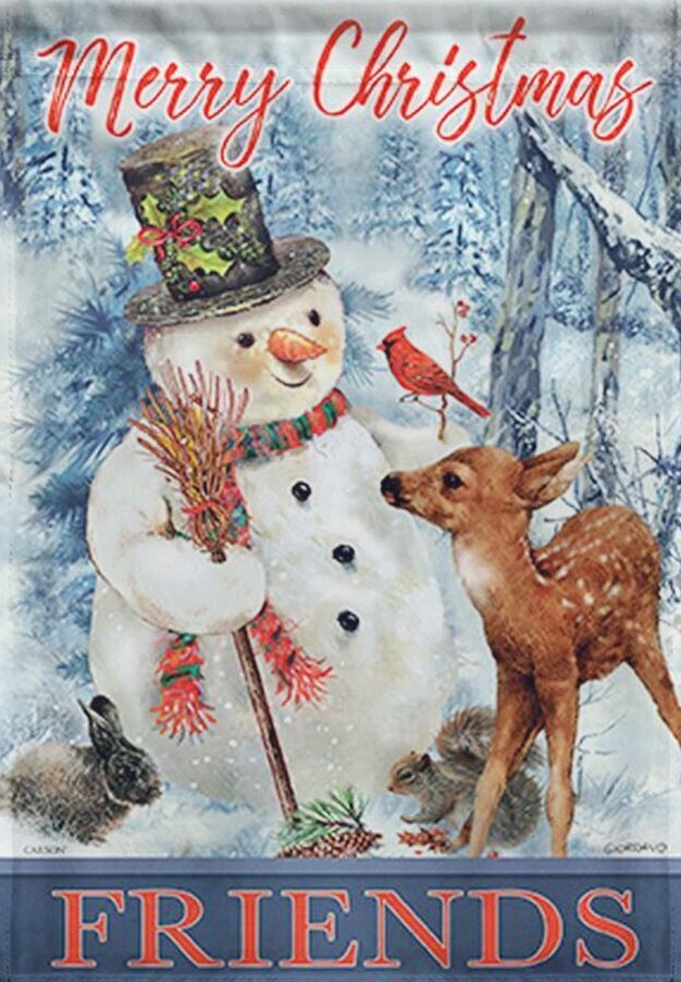 Merry Christmas Friends - Snowman with Cardinal and Deer - Garden Flag - 12.5 " x 18"