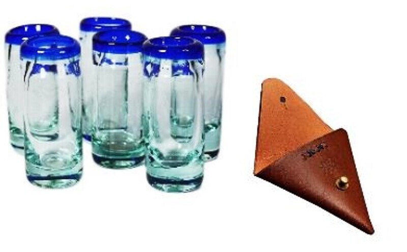 Copas aguardiente vidrio soplado con monedero cuero