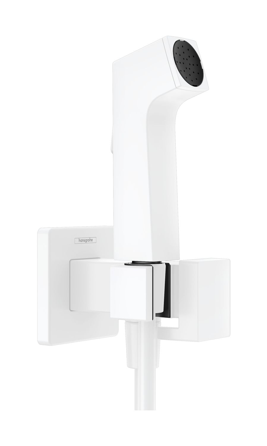 Douchette hygiénique pour WC Hansgrohe E en blanc mat pour eau mitigée avec support et flexible