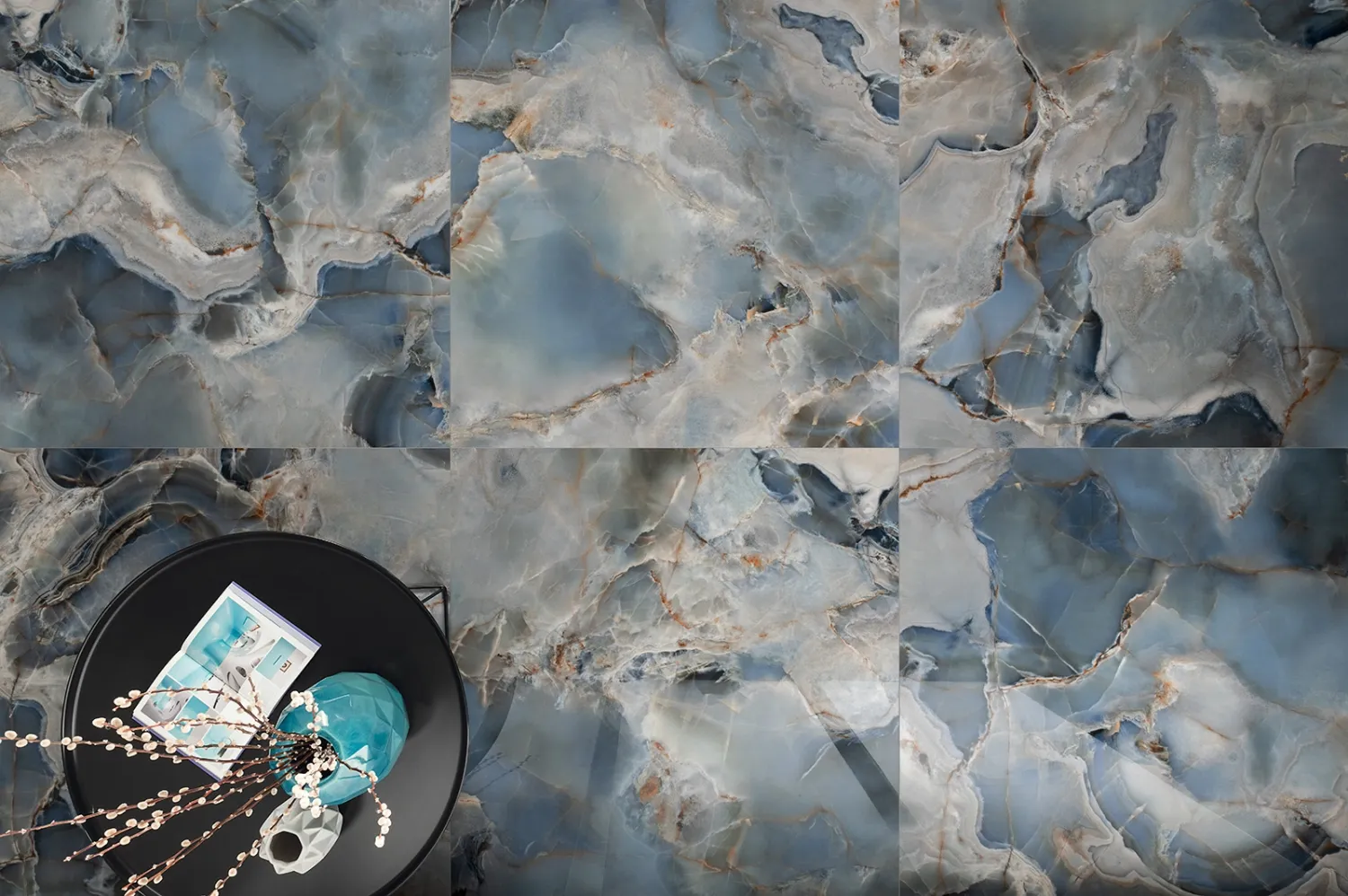 Grès cérame Tagina Onice Reale Oceano brillant 120 x 280 cm, rectifié