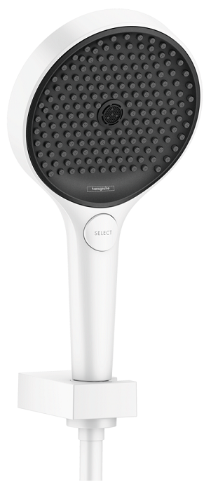 Support mural Hansgrohe avec douchette à main Rainfinity 130 3 jets PowderRain et flexible 160 cm en blanc mat