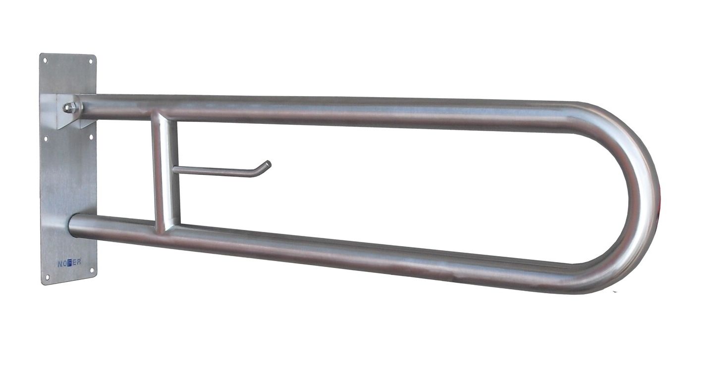 Barre d&#39;appui rabattable 80 cm avec porte rouleau papier hygiénique pour personnes à mobilité réduite Nofer en chromé satiné