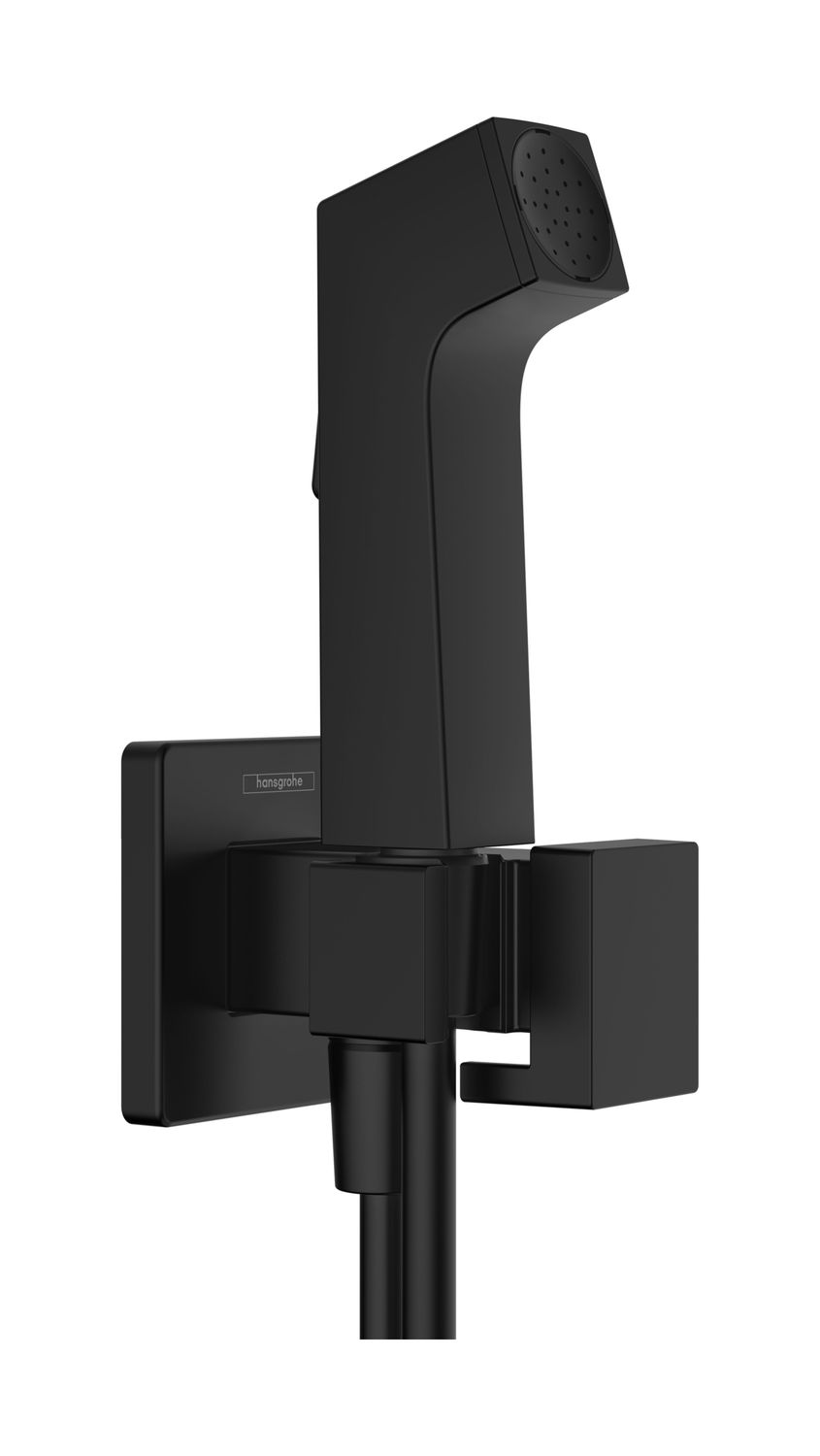 Douchette hygiénique pour WC Hansgrohe E en noir mat pour eau froide avec support et flexible