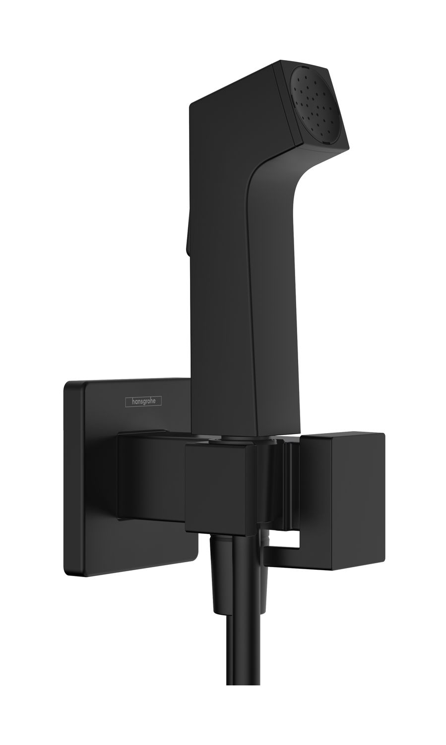 Douchette hygiénique pour WC Hansgrohe E en noir mat pour eau mitigée avec support et flexible