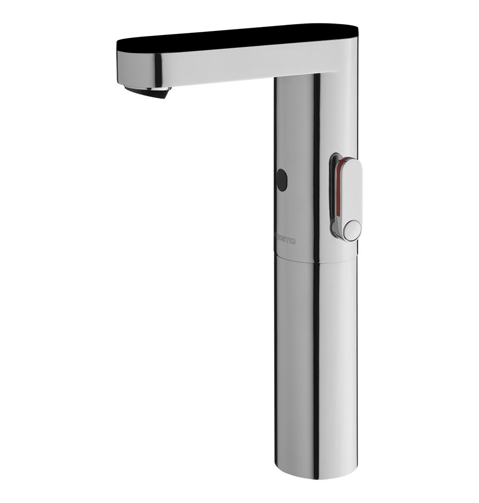 Mitigeur de lavabo électronique réhaussé Presto So&#39;o chromé avec capot noir, pile et robinet d&#39;arrêt