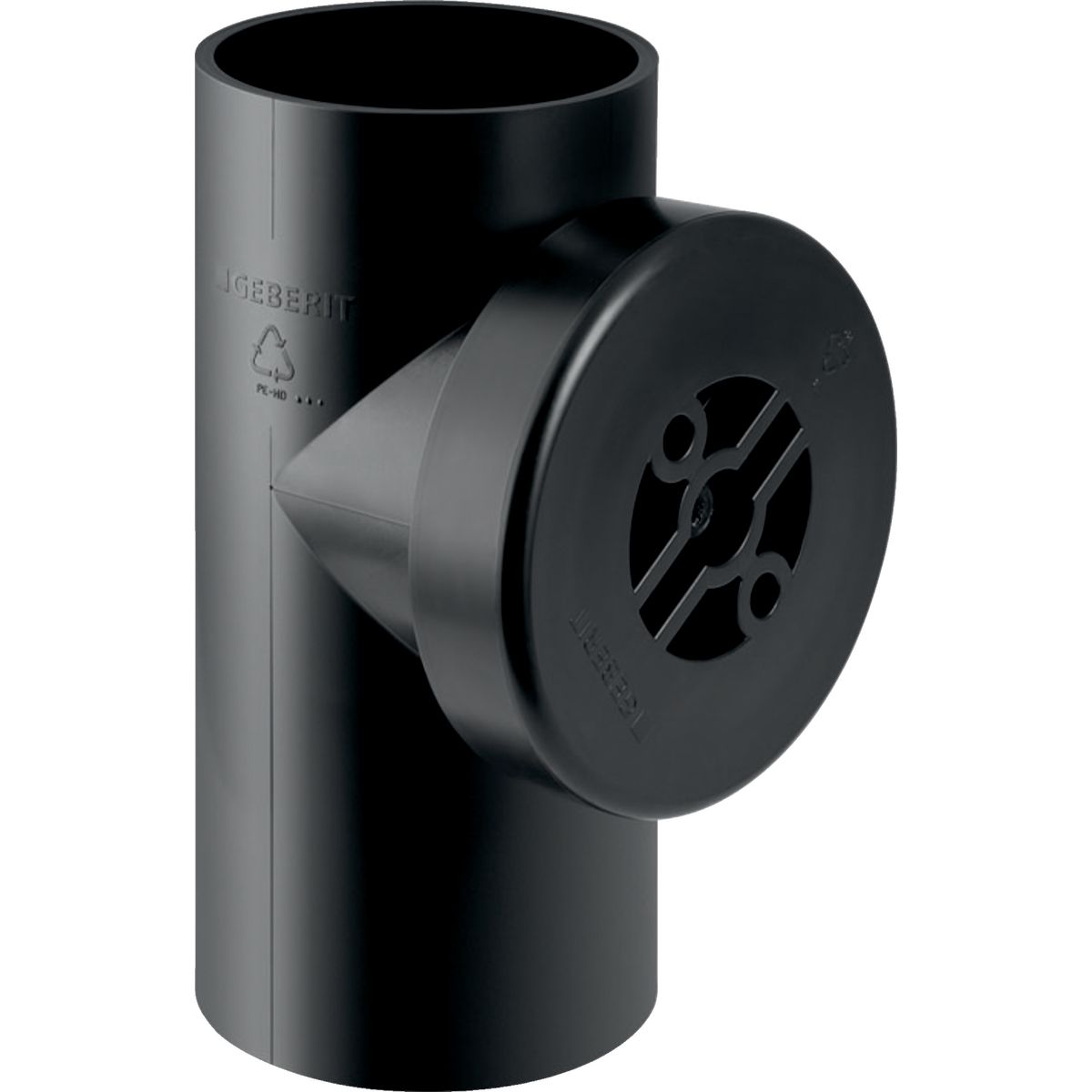 Pièce de nettoyage 90° Geberit PEHD avec trappe de visite ronde : d=75mm, d1=75mm