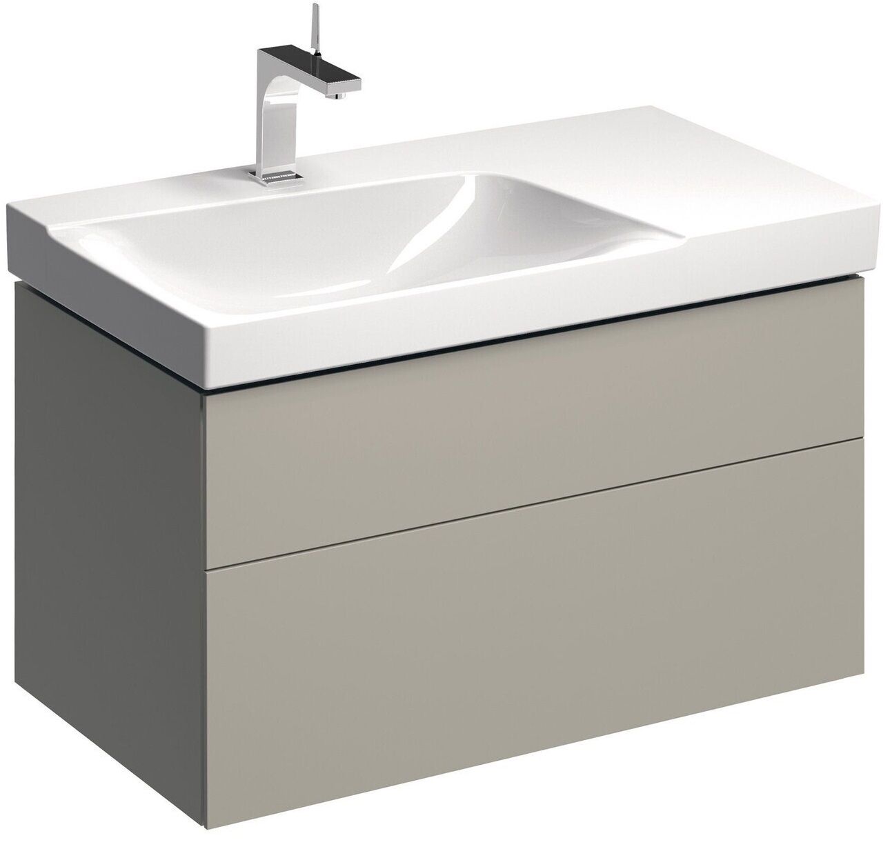 Meuble bas pour lavabo Geberit Xeno² 90 cm avec plage de dépose avec deux tiroirs en grège laqué mat