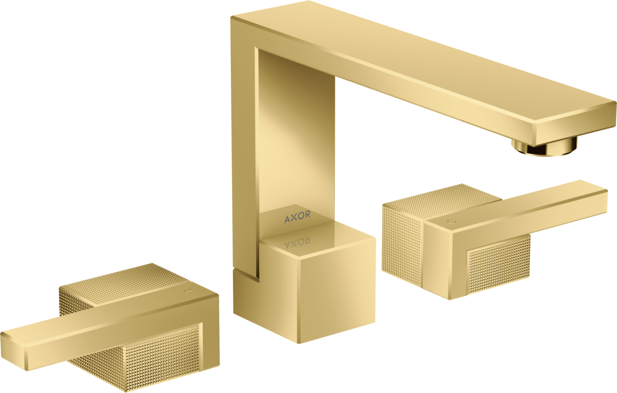 Mélangeur de lavabo 3 trous AXOR Edge 130 coupe diamant, avec bonde push-open aspect doré poli