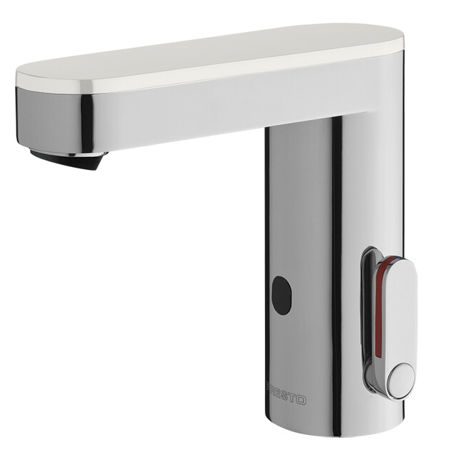 Mitigeur de lavabo électronique Presto So&#39;o chromé avec capot blanc, pile et robinet d&#39;arrêt