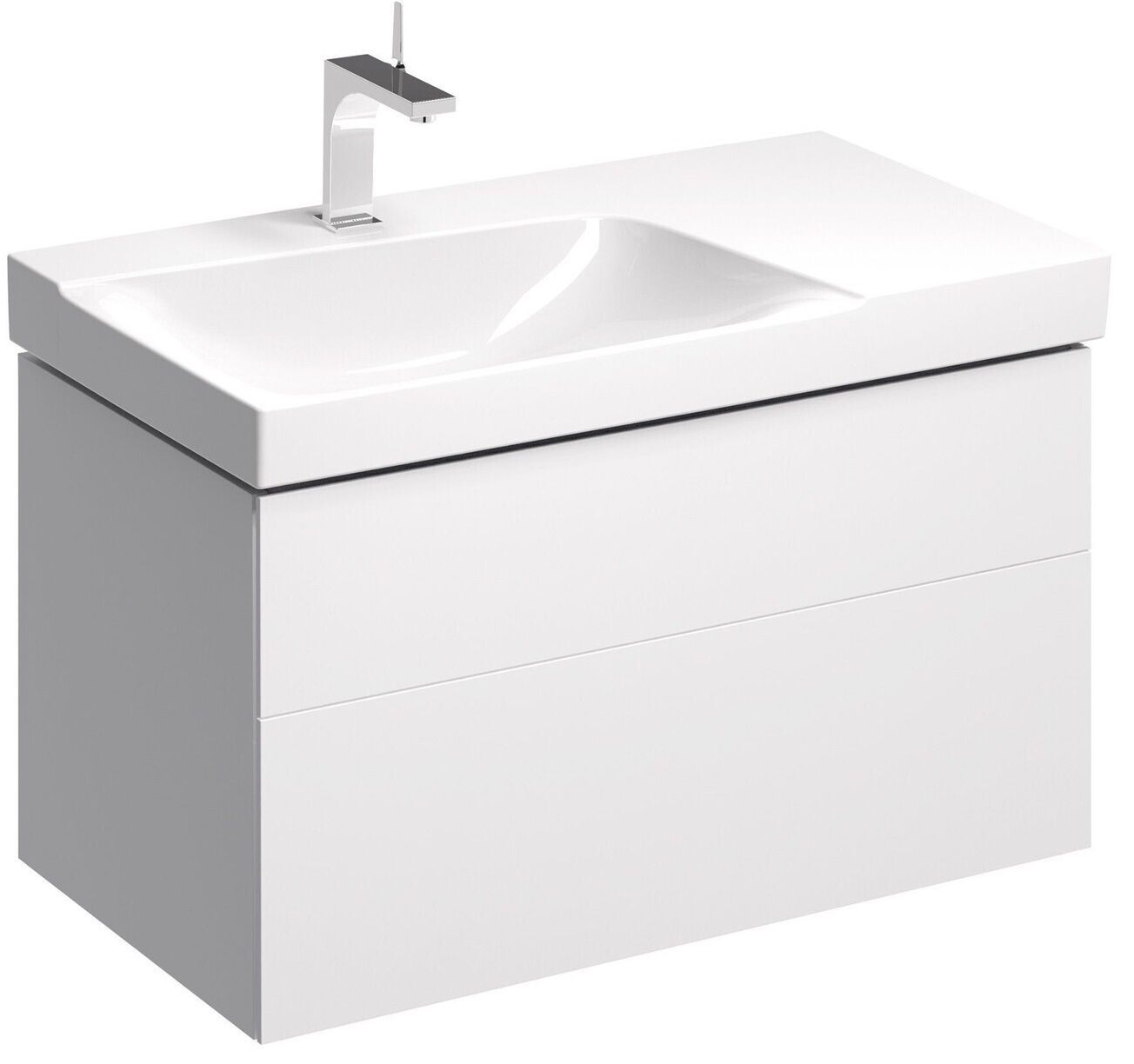 Meuble bas pour lavabo Geberit Xeno² 90 cm avec plage de dépose avec deux tiroirs en blanc laqué ultra-brillant