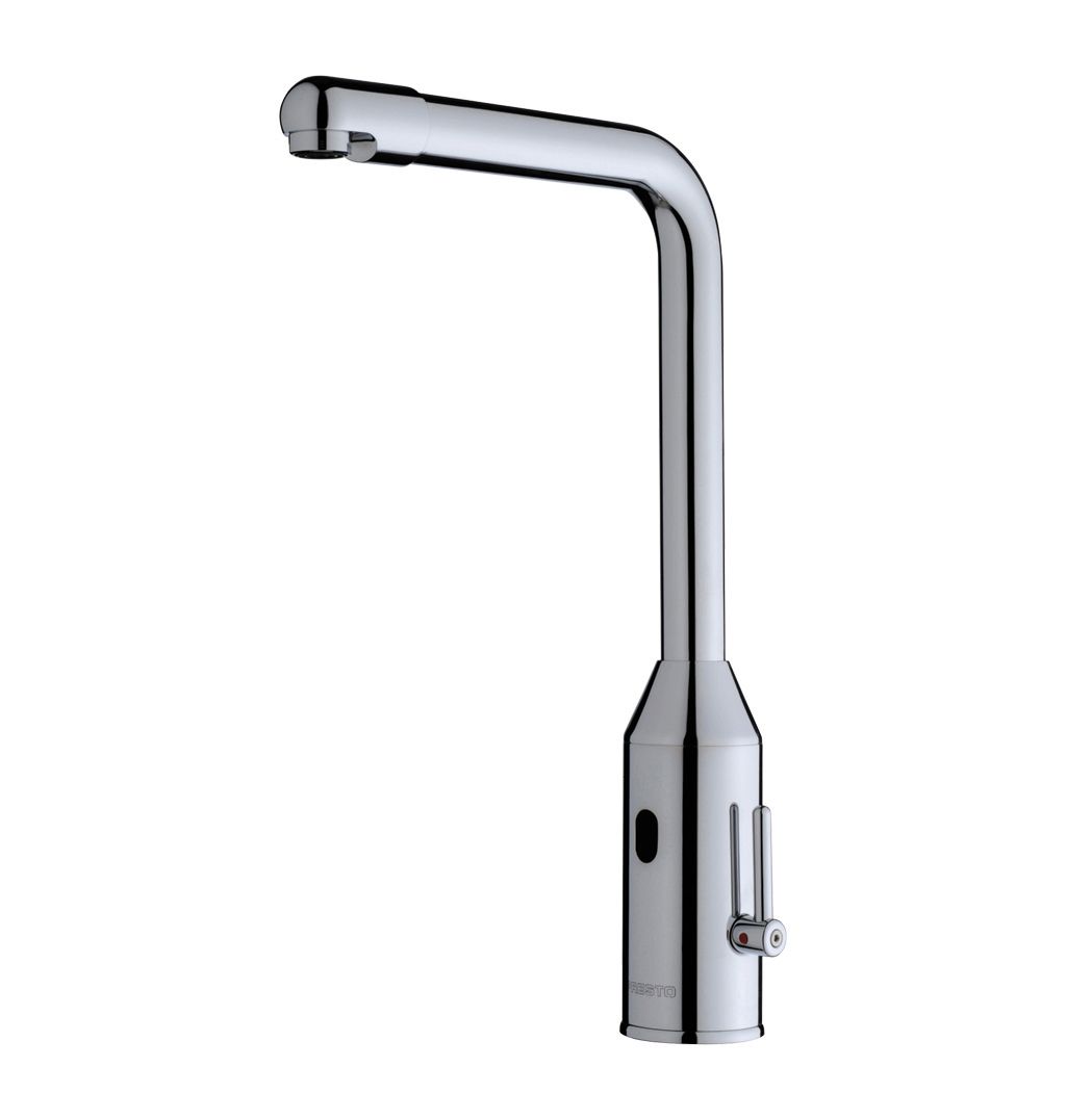Mitigeur de lavabo électronique rehaussé Presto  chromé sur secteur et avec bec fixe sur plage