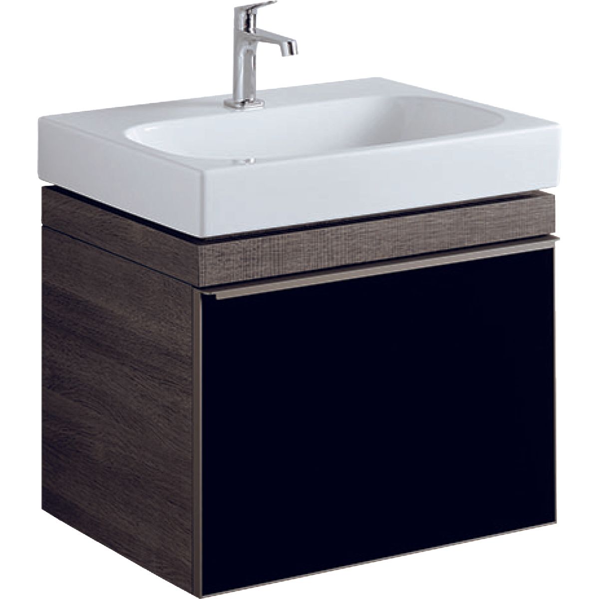 Meuble bas pour lavabo Geberit Citterio 90 cm avec un tiroir en noir verre brillant et Corps chêne gris brun structuré bois