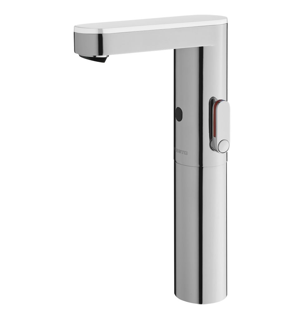 Mitigeur de lavabo électronique réhaussé Presto So&#39;o chromé avec capot blanc, pile et robinet d&#39;arrêt