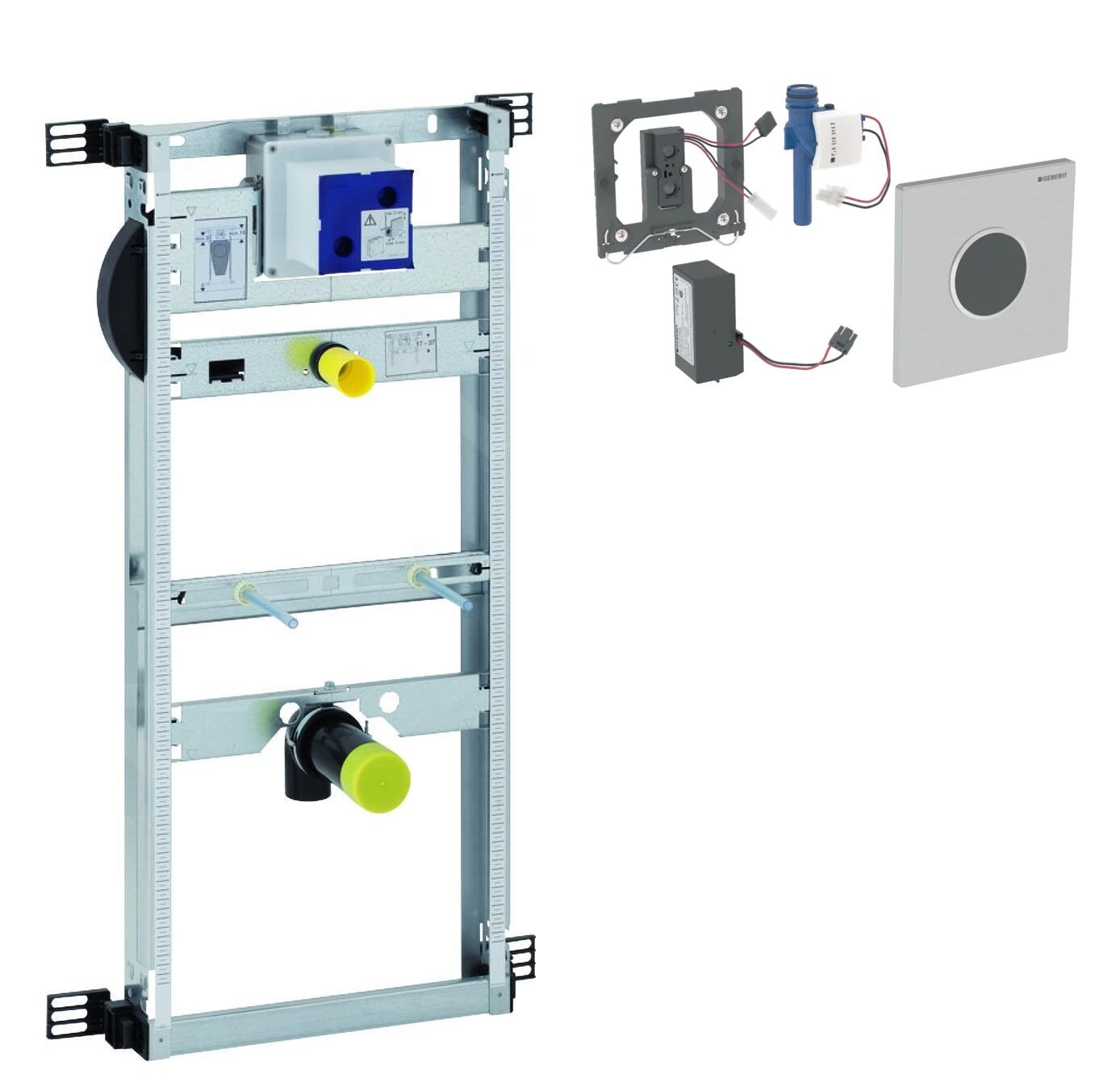 Ensemble bâti-support Geberit  Kombifix avec plaque de déclenchement d’urinoir à commande électronique du rinçage, alimentation sur secteur avec siphon intégré