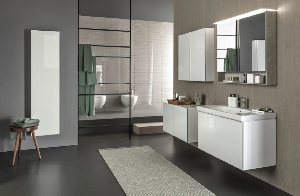 Meuble bas Geberit Acanto pour lavabo 90 cm avec un tiroir en verre blanc-brillant