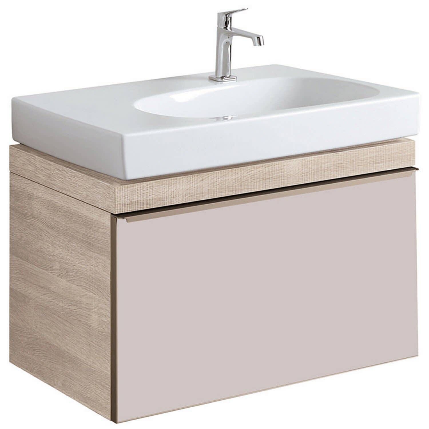 Meuble bas pour lavabo Geberit Citterio 75 cm en chêne beige et tiroir en verre taupe-brillant