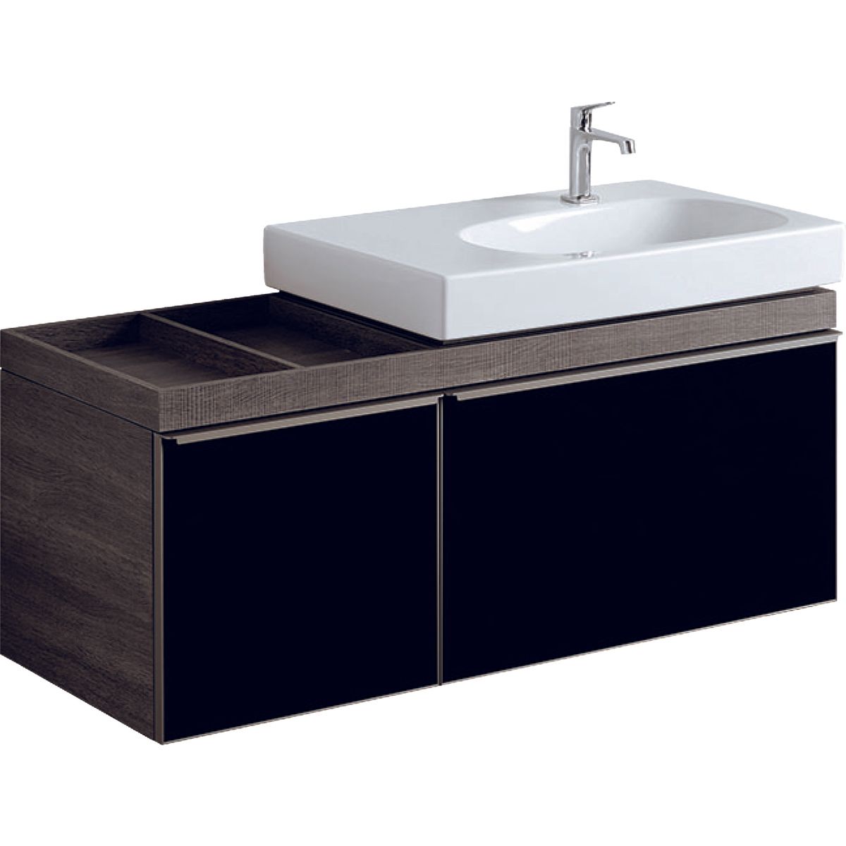 Meuble bas pour lavabo Geberit Citterio 90 cm en brun-gris avec un espace de rangement à gauche et deux tiroirs en noir verre brillant