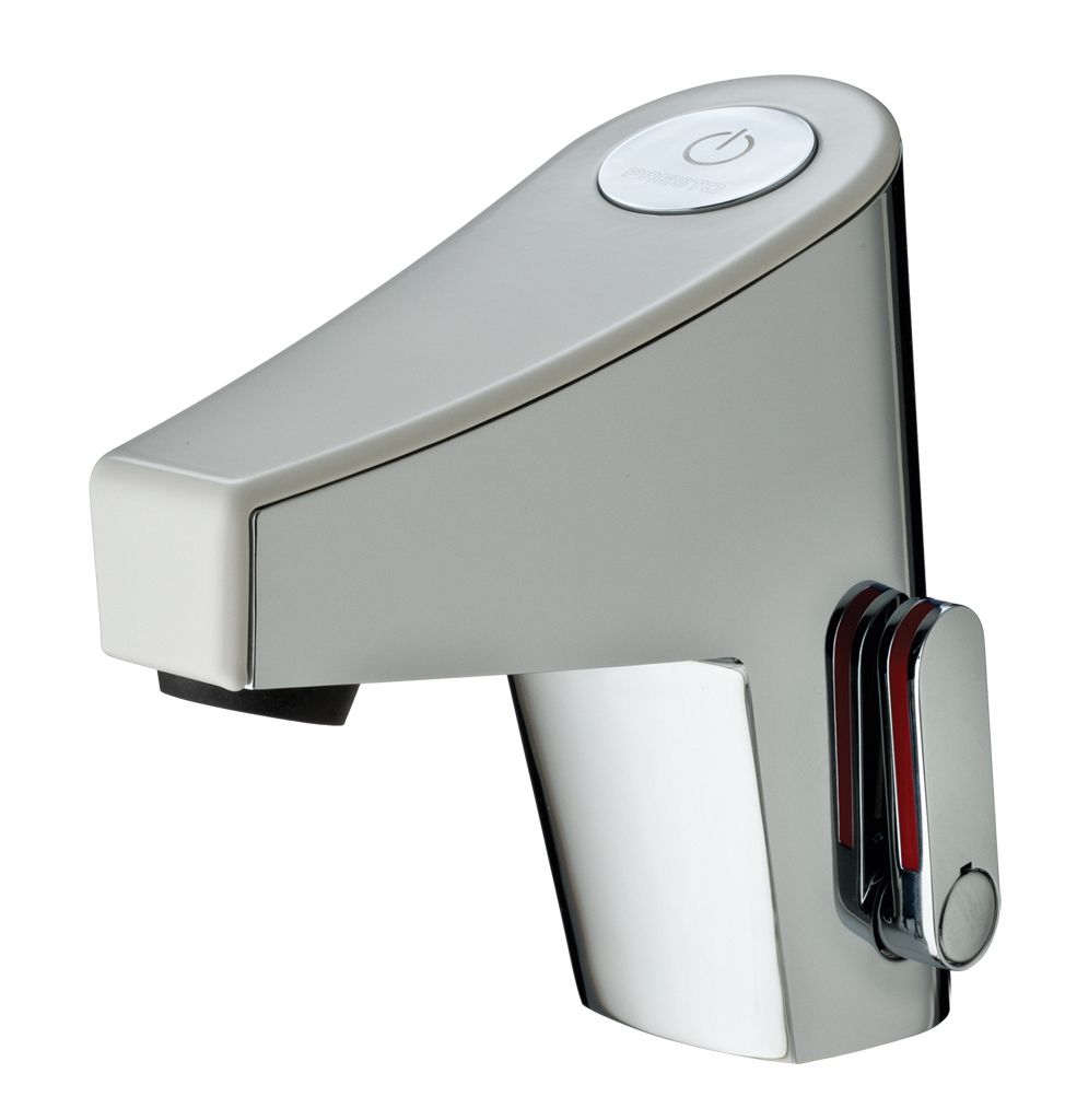 Mitigeur de lavabo sensitif sur plage avec pile et robinet d&#39;arrêt Presto Touch® en chromé / blanc