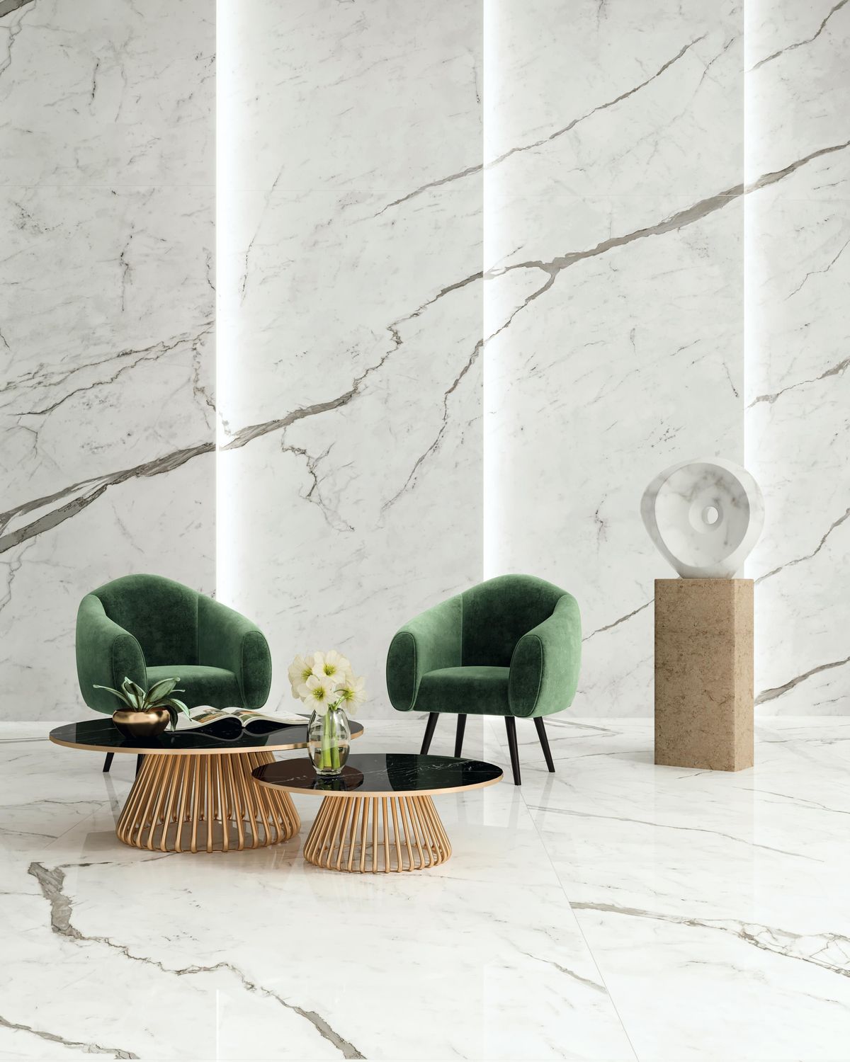 Grès cérame Marvel Shine Statuario Supremo 120 x 278 cm (finition Silk) - Atlas Concorde