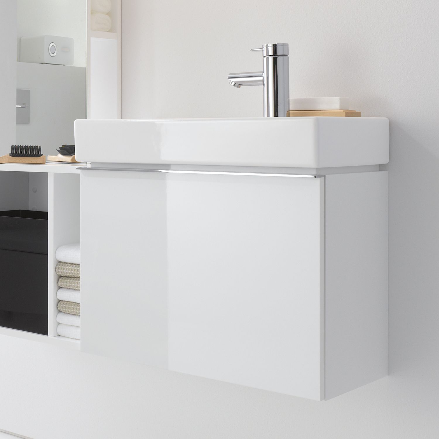 Meuble bas Geberit iCon pour lave-mains 53 cm avec un tiroir en blanc laqué ultra-brillant
