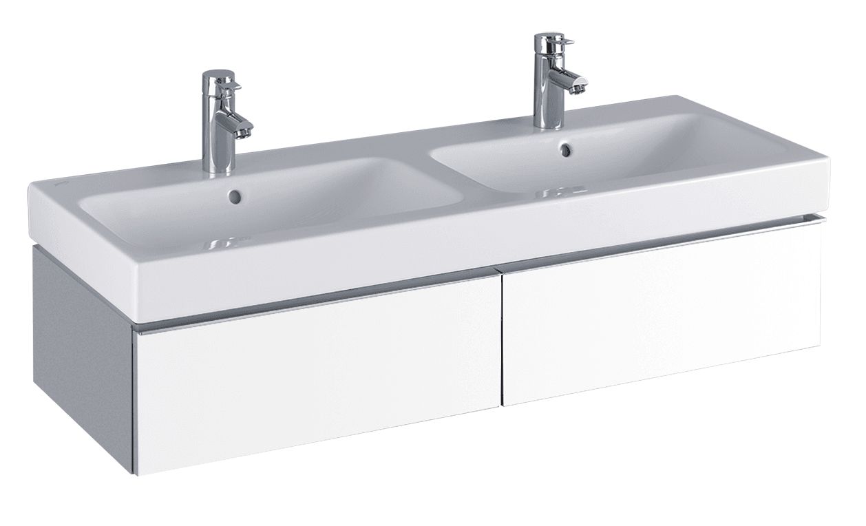 Meuble bas avec lavabo double Geberit / Keramag iCon 120 cm avec deux tiroirs en blanc laqué ultra-brillant