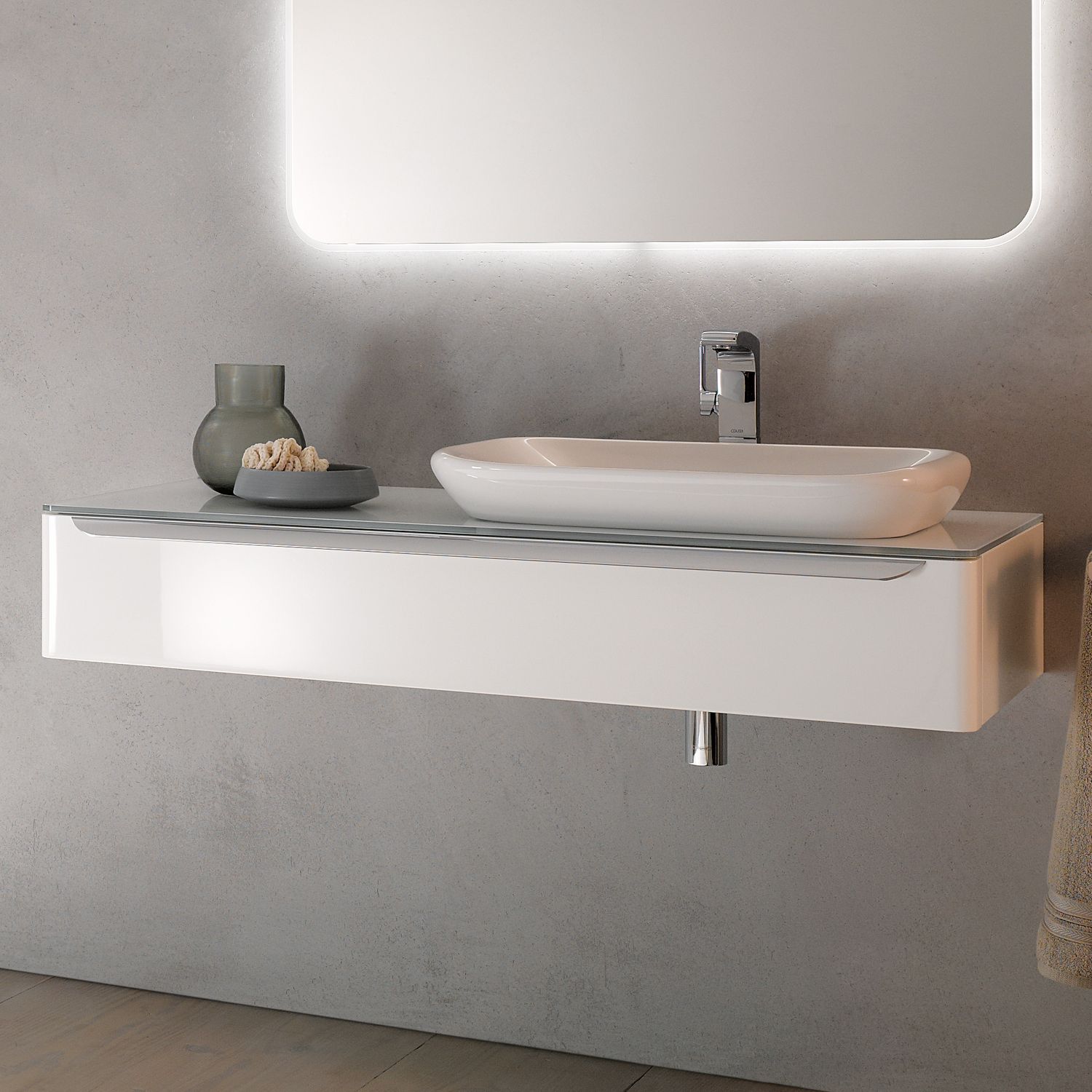 Meuble bas pour vasque encastrer Geberit myDay 60 cm avec un tiroir en blanc laqué ultra-brillant et un espace de rangement à droite