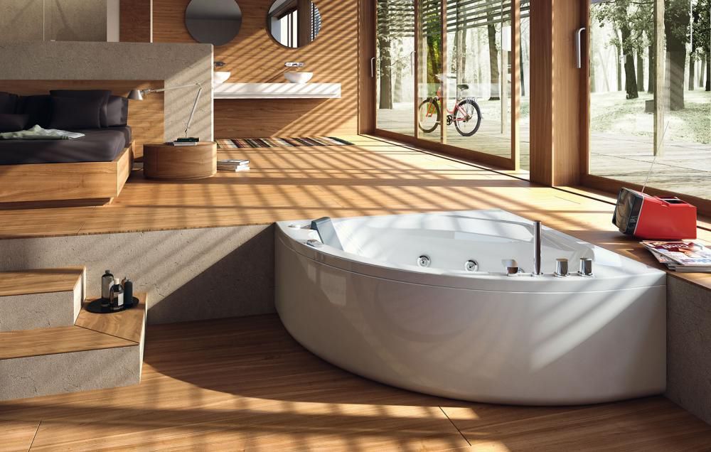 Baignoire d&#39;angle Glass avec tablier, support et pieds - Série Pop - 140 x 140 cm