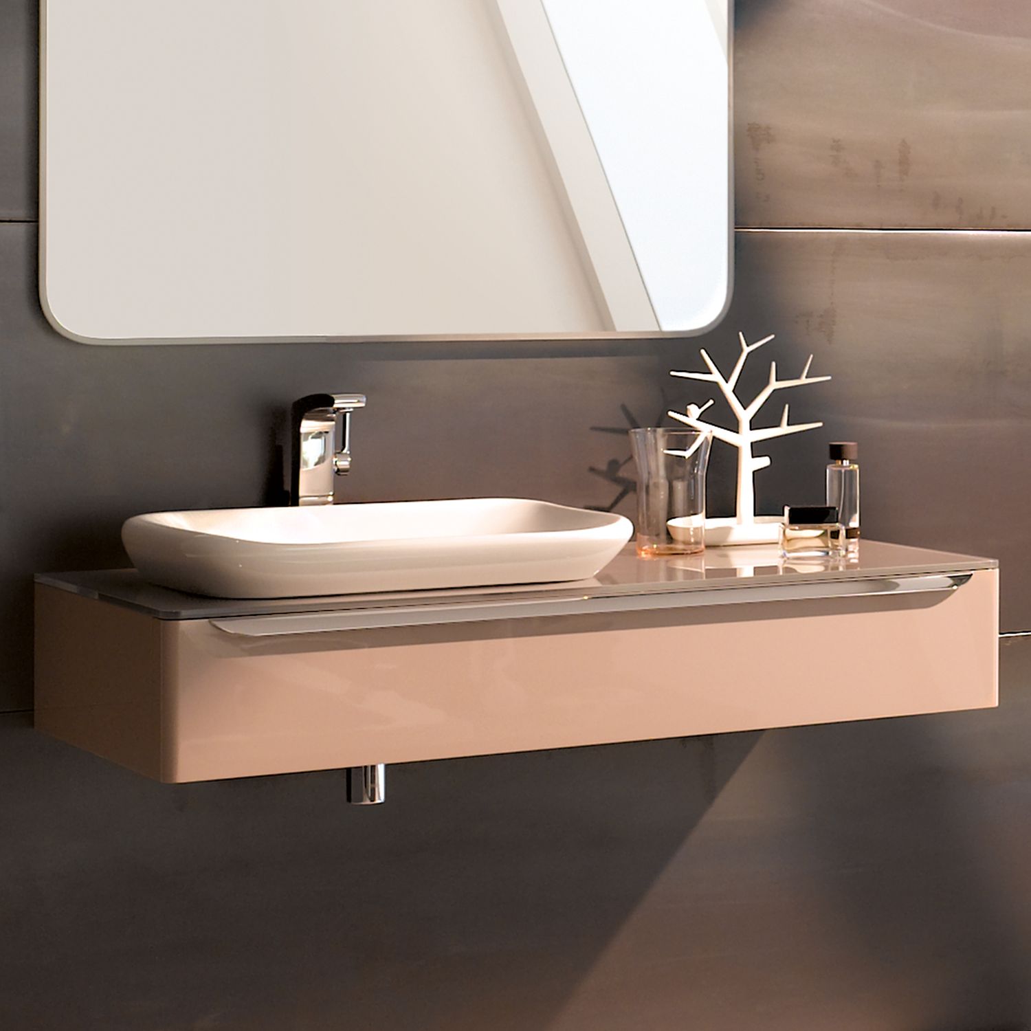Meuble bas pour vasque encastrer Geberit myDay 60 cm avec un tiroir en taupe ultra-brillant avec un espace de rangement à gauche