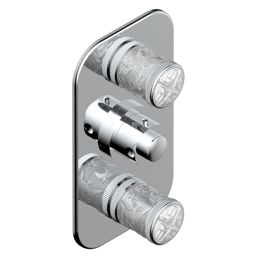 Set de finition THG pour douche thermostatique à encastrer avec deux robinets d&#39;arrêt à 2 fonctions - Collection &quot;Hirondelles tamponnées Or&quot;