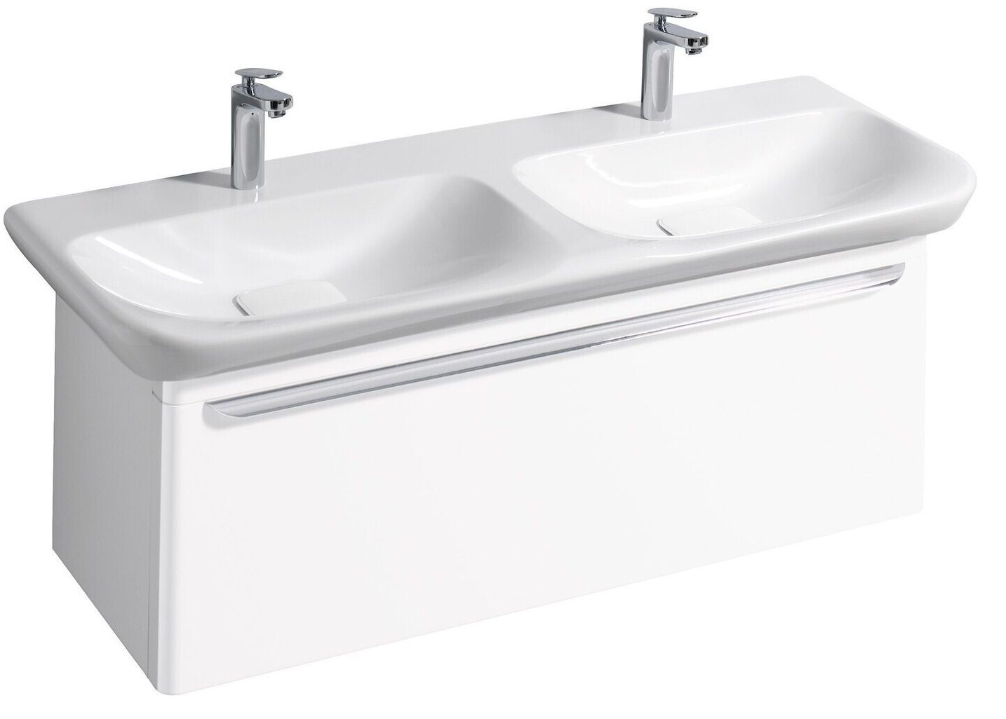 Meuble bas pour lavabo double Geberit myDay 130 cm avec un tiroir en blanc laqué ultra-brillant
