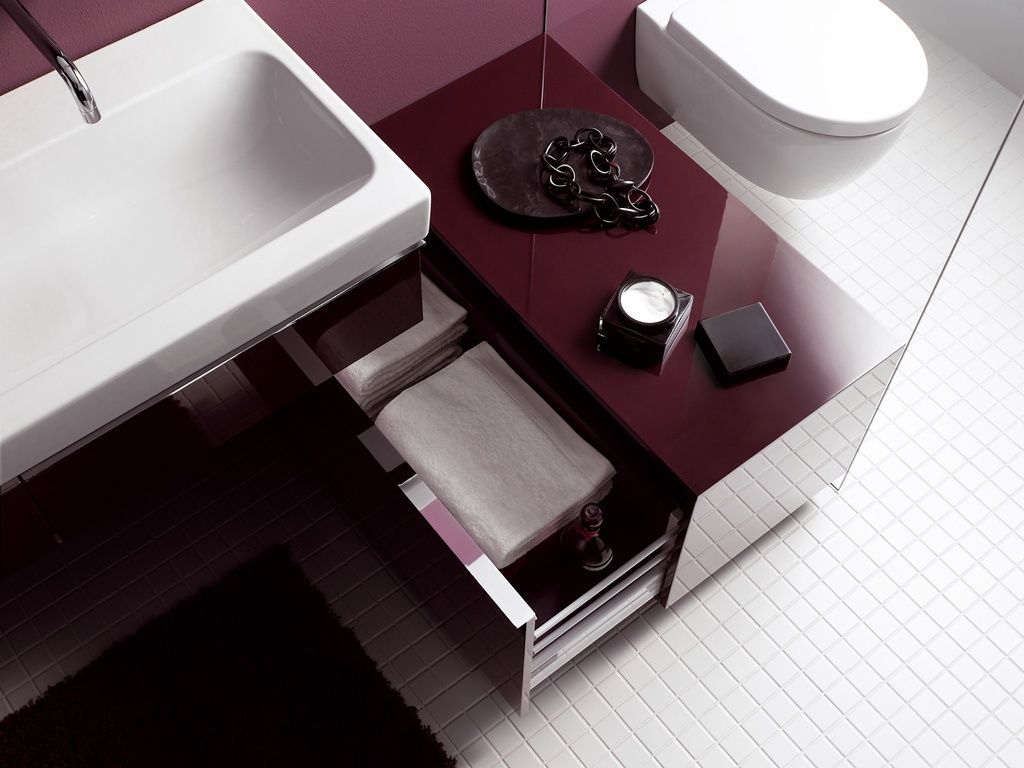 Meuble latéral bas Geberit / Keramag iCon 89 cm avec un tiroir au sol en rouge bordeaux