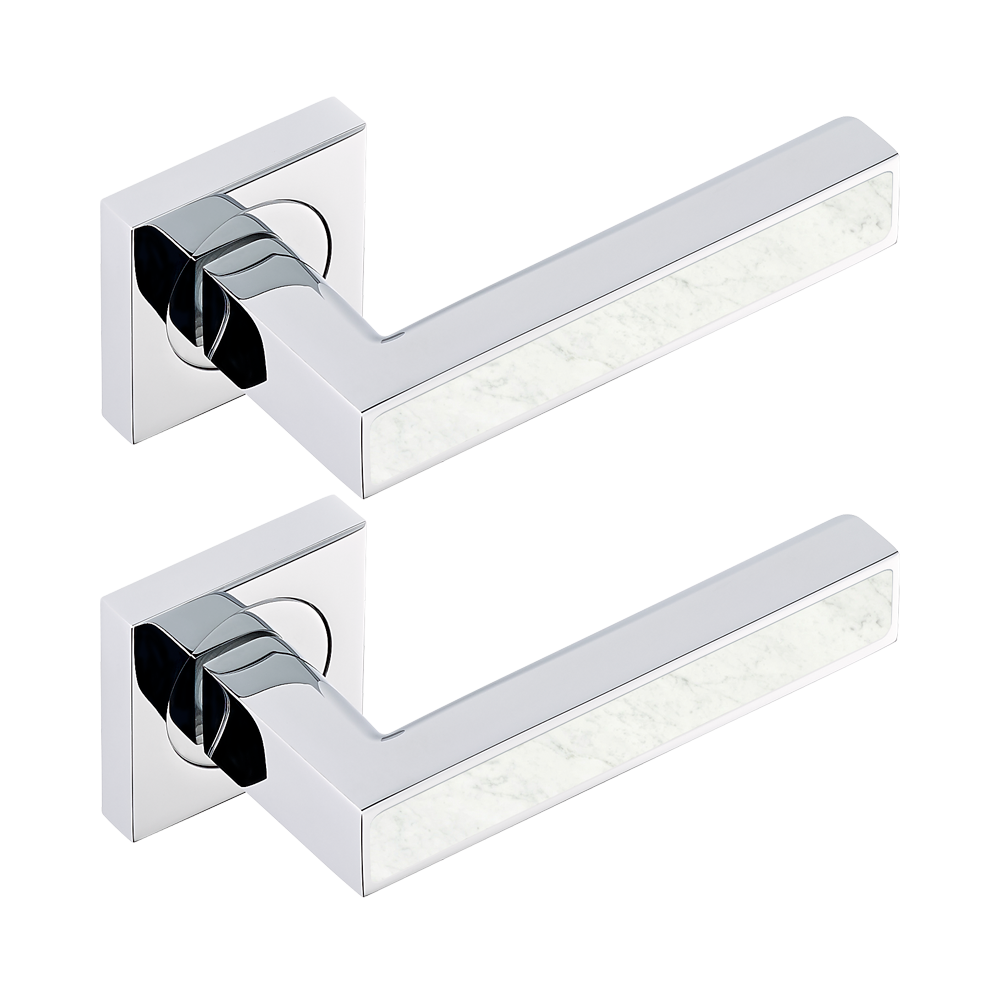 Paire de poignées de porte collection Genève insert bianco carrara THG Paris en chromé
