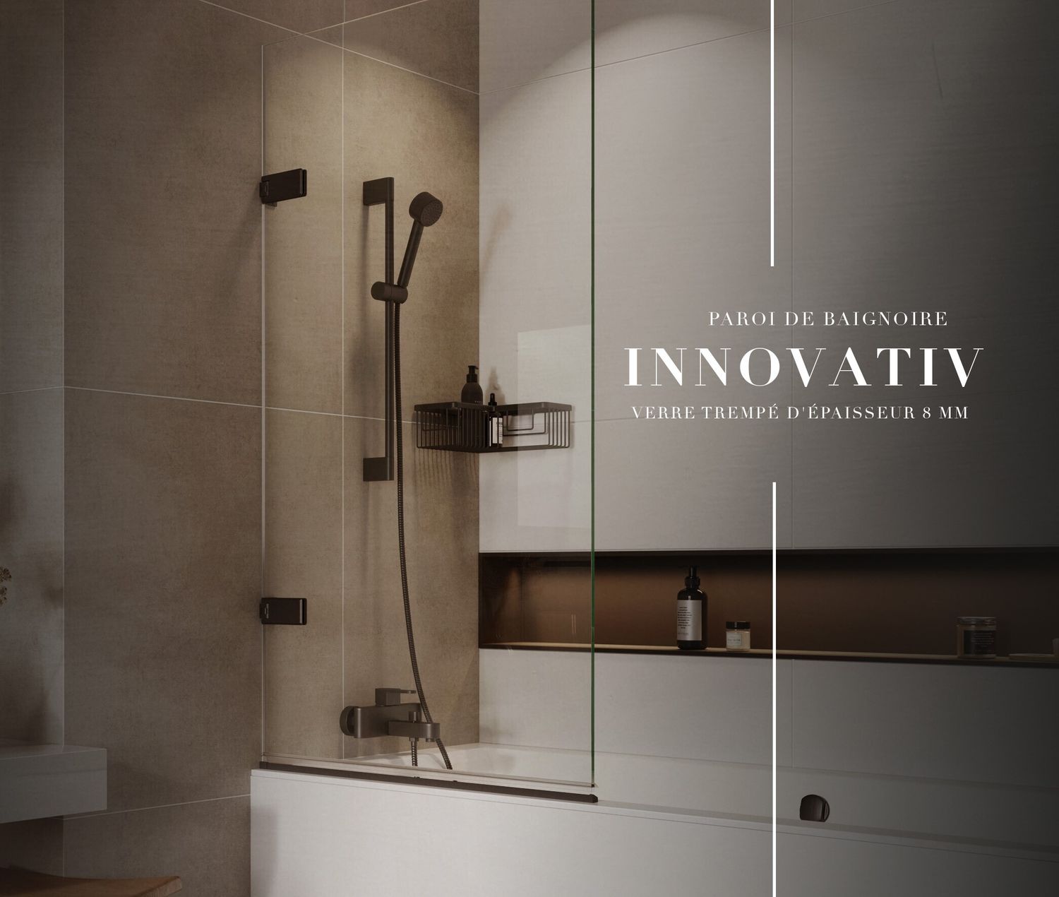 Paroi de baignoire Innovativ en verre trempé (Securit) d&#39;épaisseur 8 mm avec pinces noires