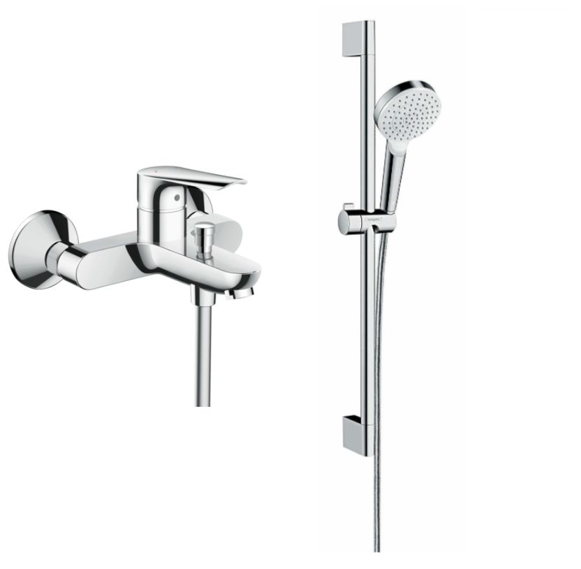 Pack robinetterie pour baignoire : mitigeur Logis E + barre de douche Hansgrohe