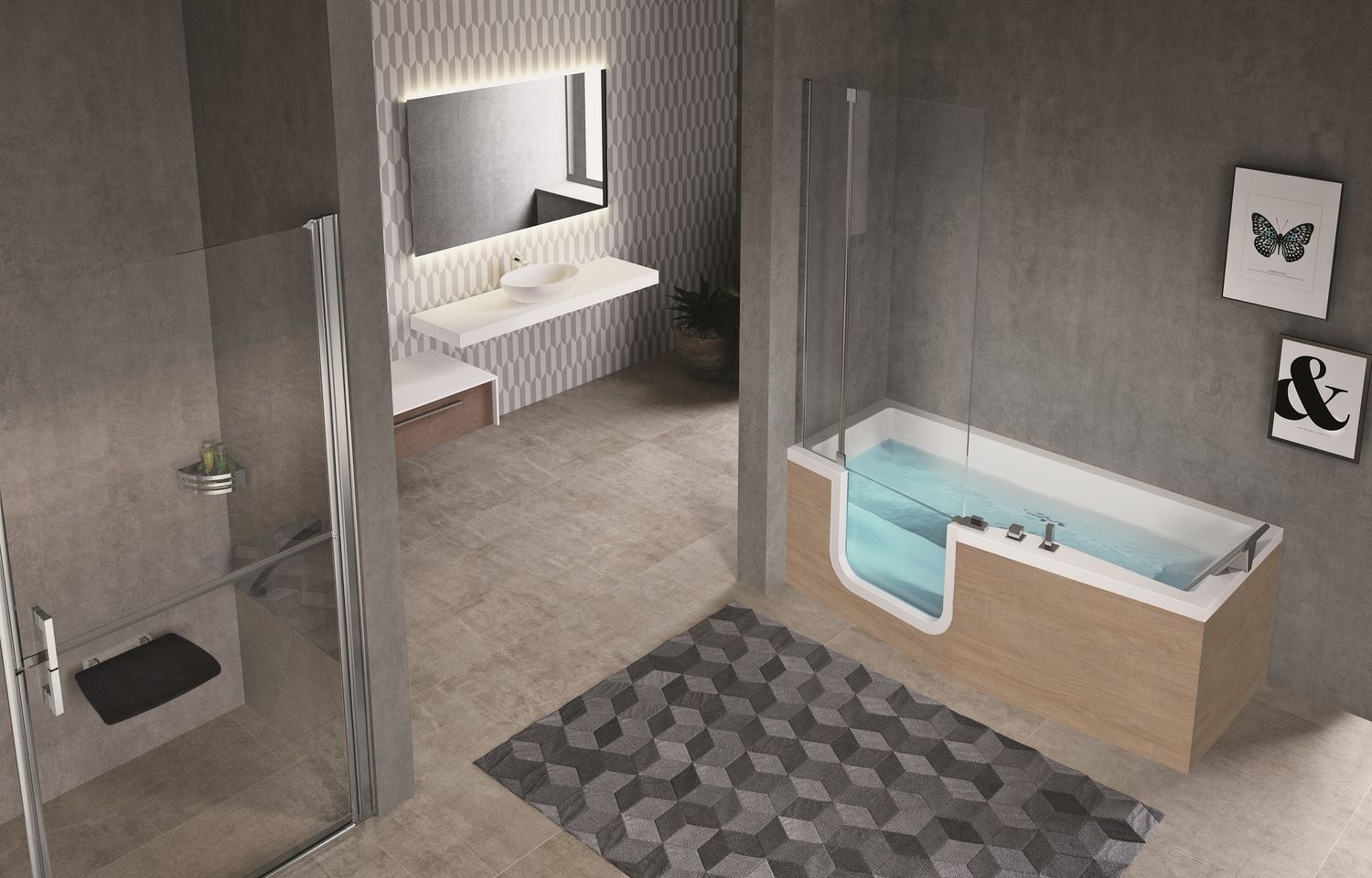 Baignoire Novel Iris 170 x 80 cm avec porte à gauche, tabliers bois / grain et robinetterie intégrée