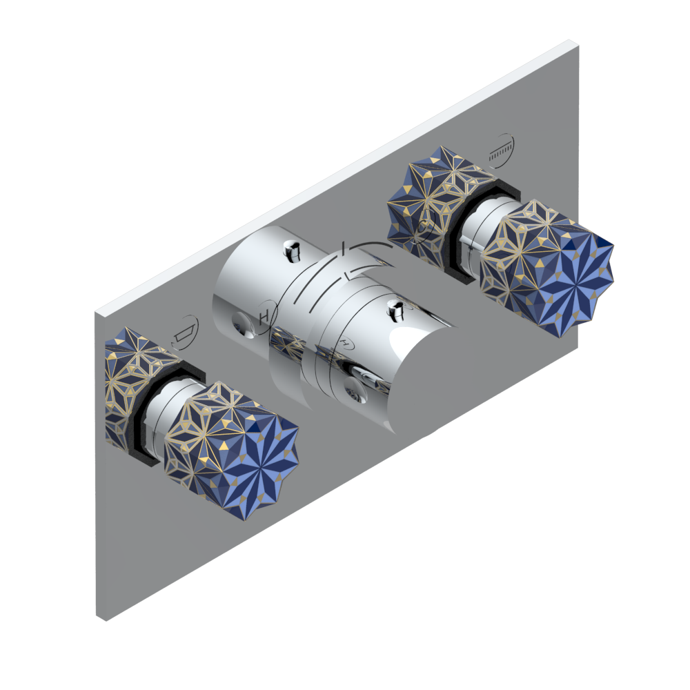 Set de finition THG pour douche thermostatique à encastrer avec deux robinets d&#39;arrêt pour installation horizontale à 2 fonctions - Collection &quot;Nihal porcelaine bleue&quot;