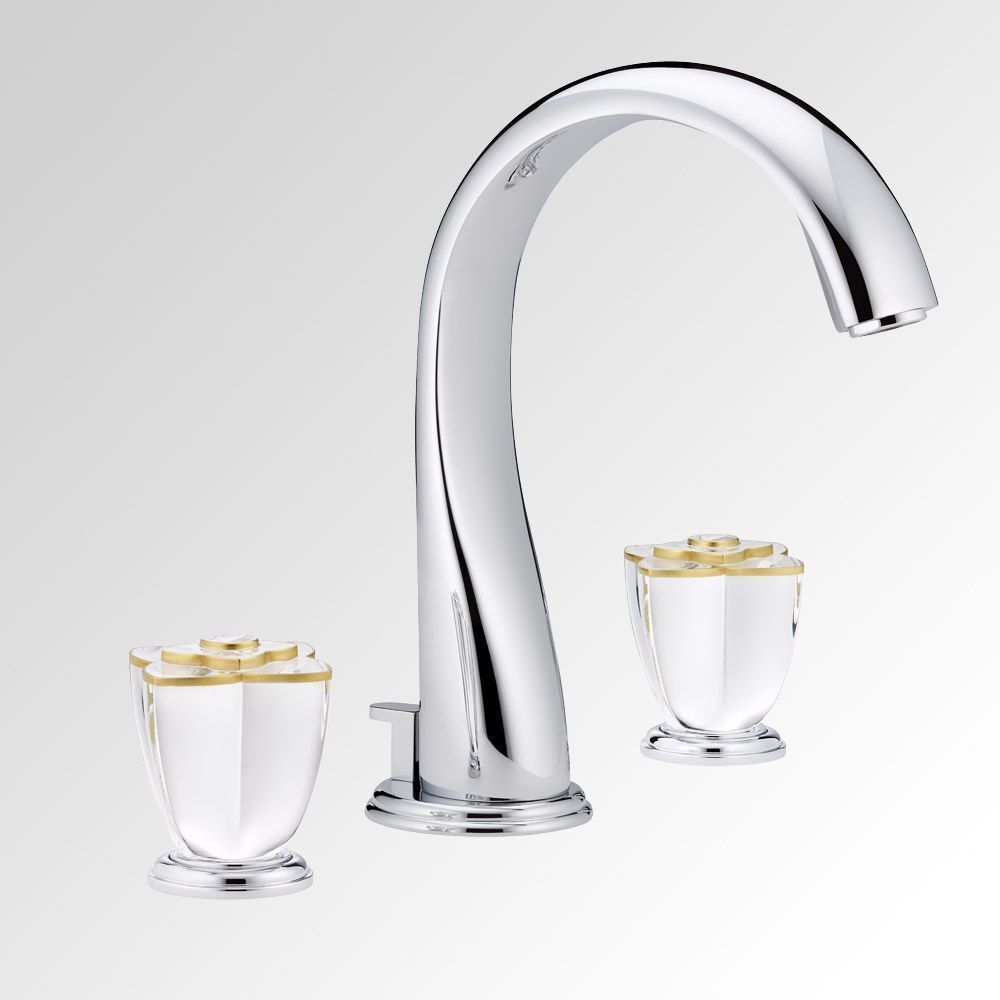 Mélangeur de lavabo 3 trous THG avec vidage - Collection &quot;Pétale de Cristal Clair liseré doré&quot;