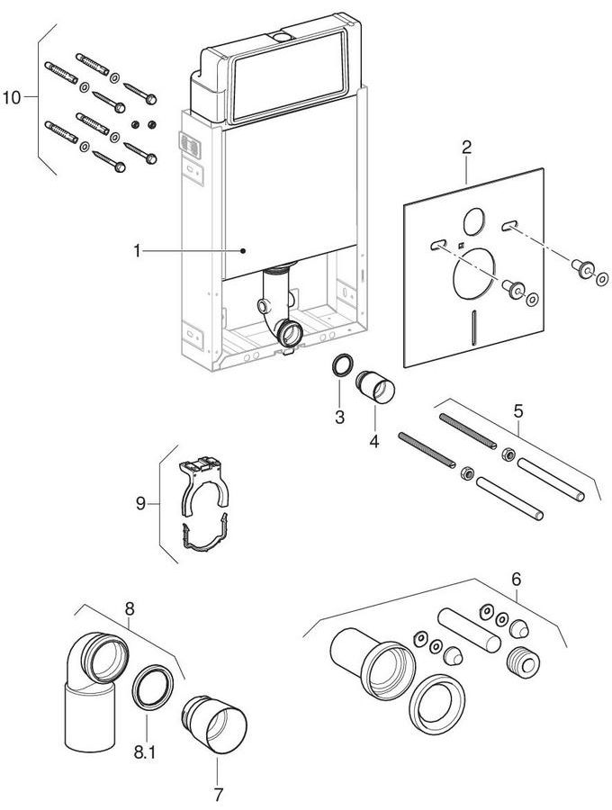 Ensemble des pièces détachées | Bâti-support encastré Geberit Twinline 12 cm
