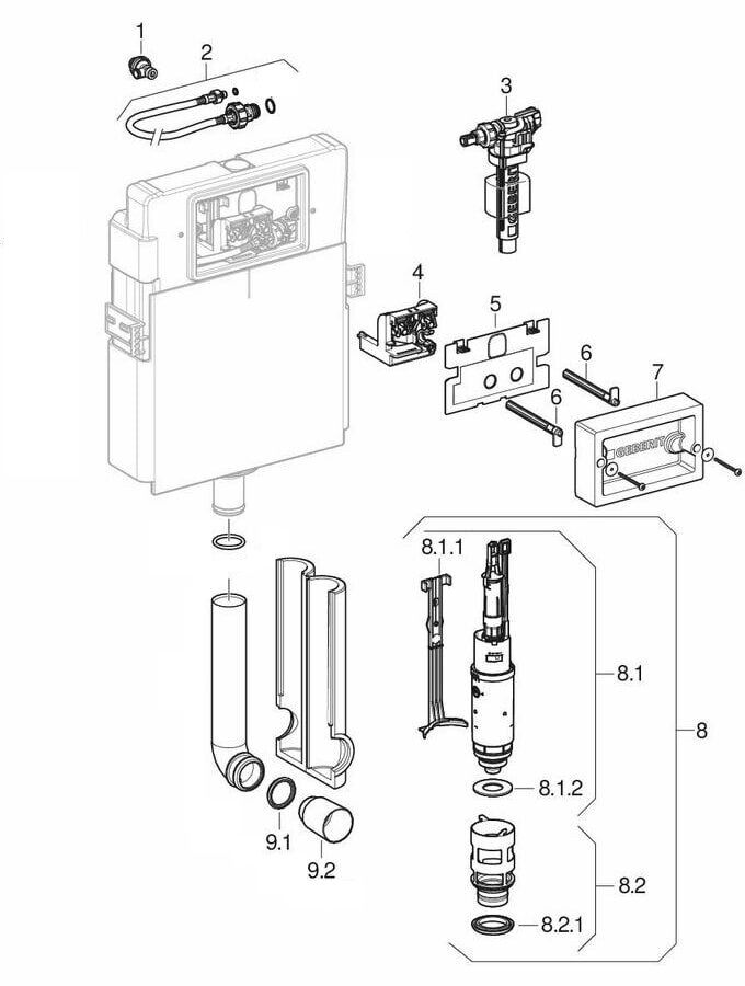 Ensemble des pièces détachées | Réservoir encastré Geberit Delta 12 cm