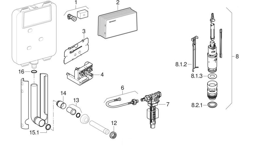 Ensemble des pièces détachées | Réservoir encastré Geberit Twinline 8 cm